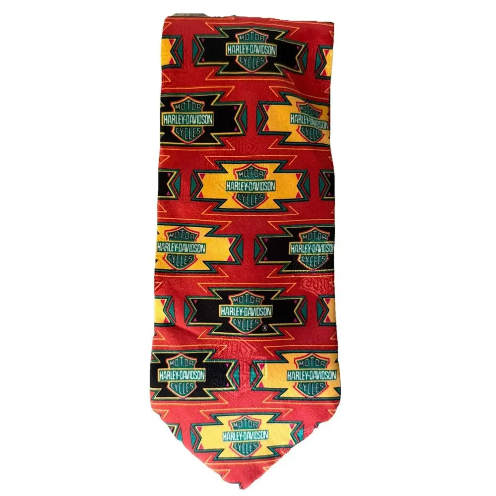 Harley Davidson Silk Tie Red Yellow Black Thunderbird Logo Necktie Y2k USA Gift